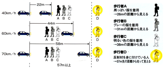 夜間における歩行者の視認性と車の停止距離